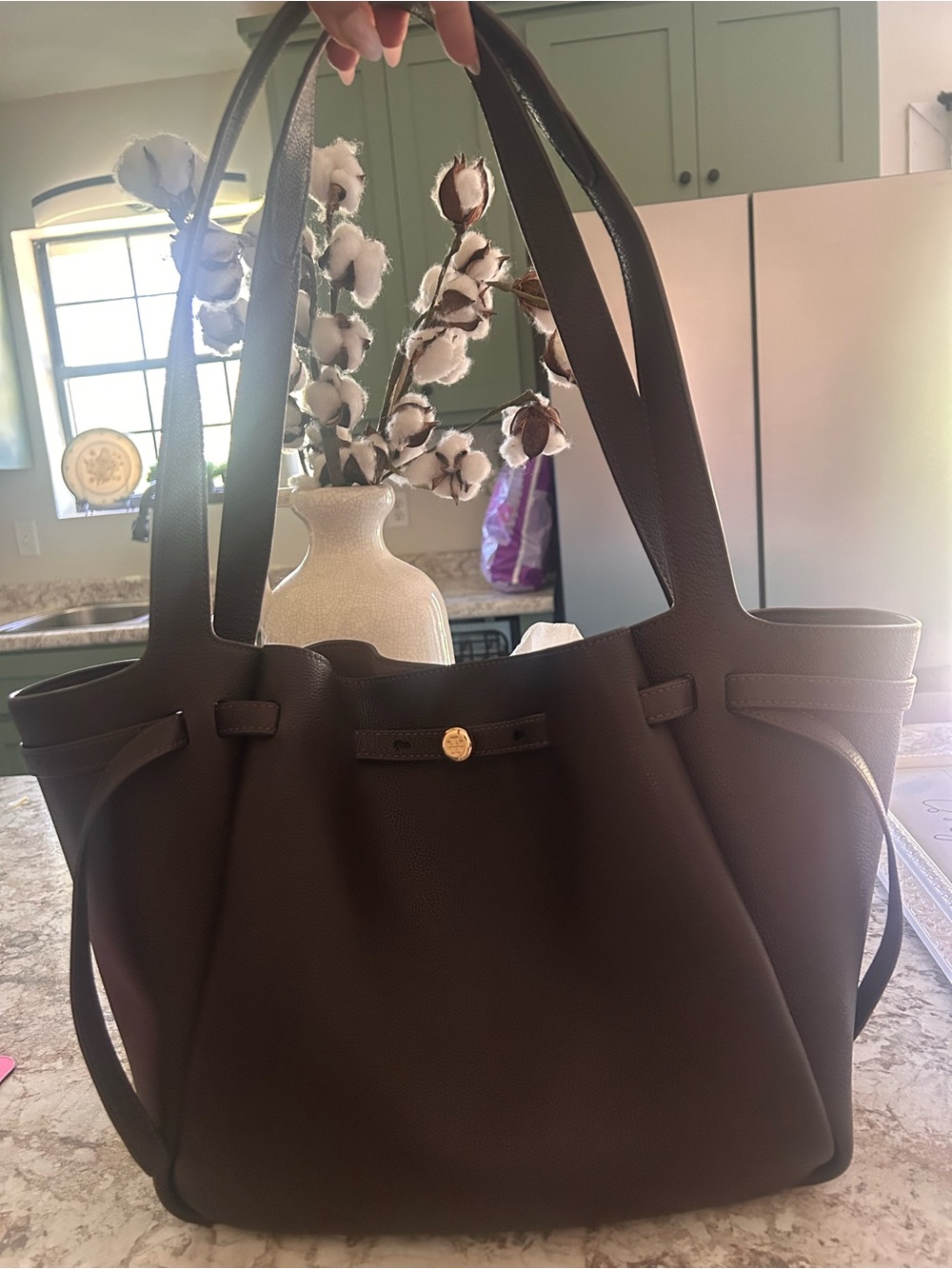 Tory Burch Dark Brown Pebbled Leather Tote with Gold Accent